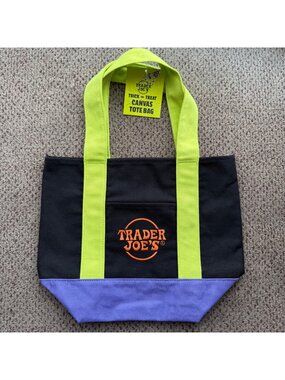 NWT Trader Joes Trick-Or-Treat Canvas Tote Bag Black Purple Neon Green Handles